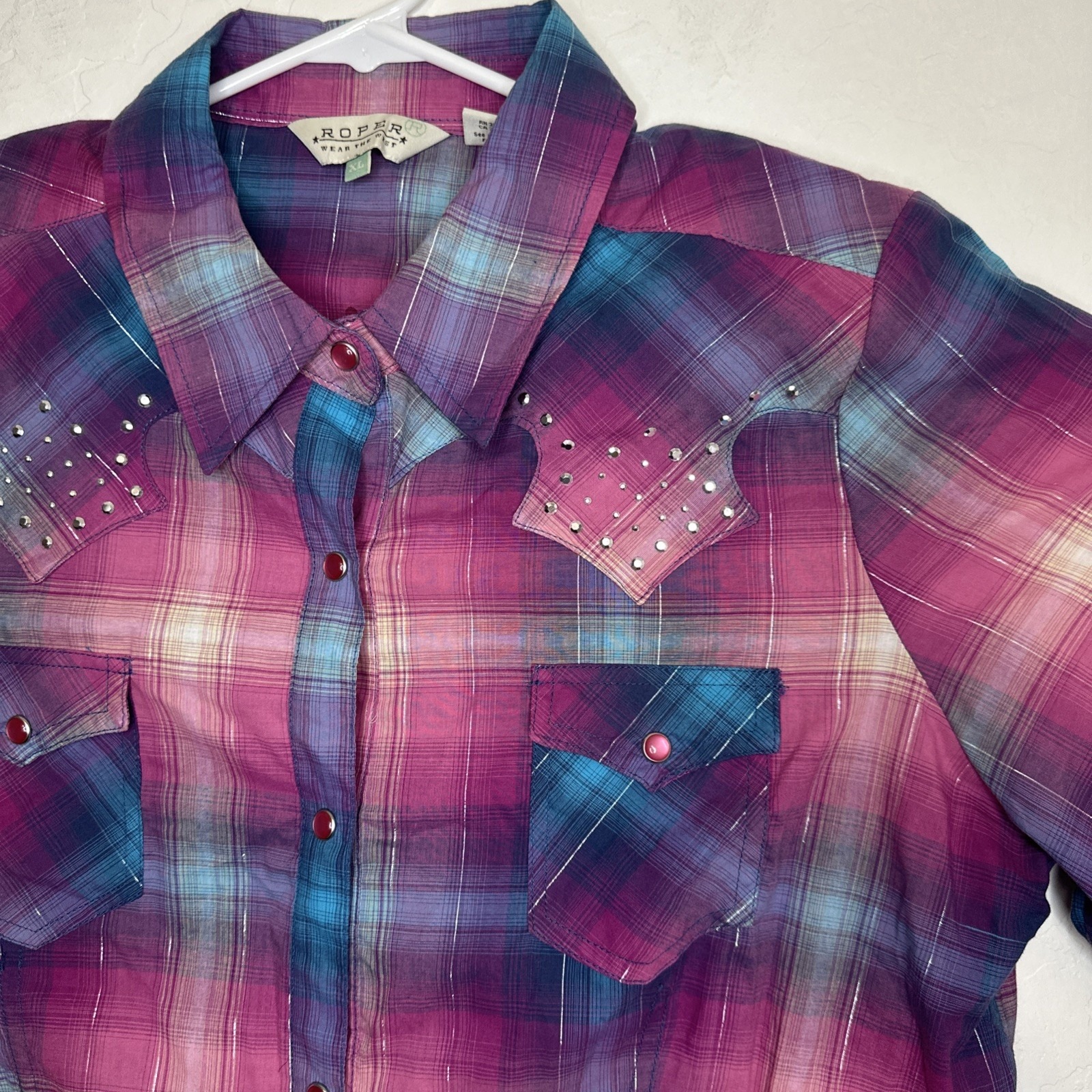 Roper Girls Pink Pearl Snap Pink Blue Purple Plaid Long Sleeve W/ Dazzle XL