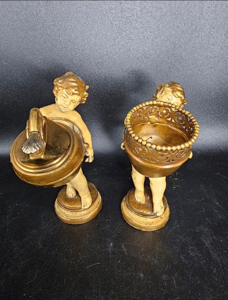 Art Deco/art nouveau brass/bronze cherub boys with a lighter and a basket