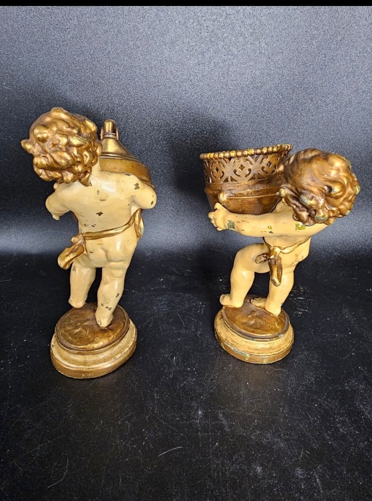 Art Deco/art nouveau brass/bronze cherub boys with a lighter and a basket - detail