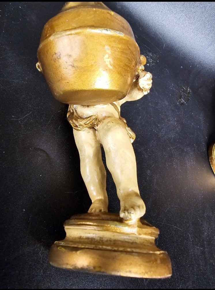 Art Deco/art nouveau brass/bronze cherub boys with a lighter and a basket - detail