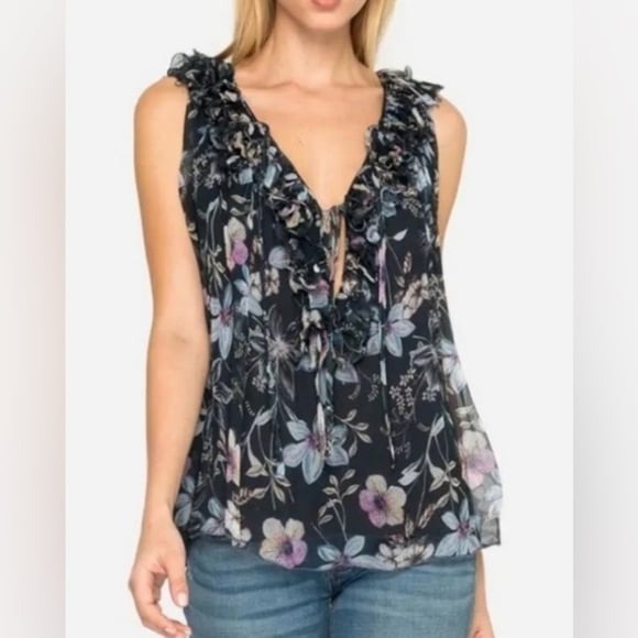 Johnny Was Love Travis Ruffle Sleeveless Blouse Blue Floral size L