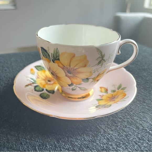 Old Royal Bone China pink surface yellow flowers cup and saucer, made in England