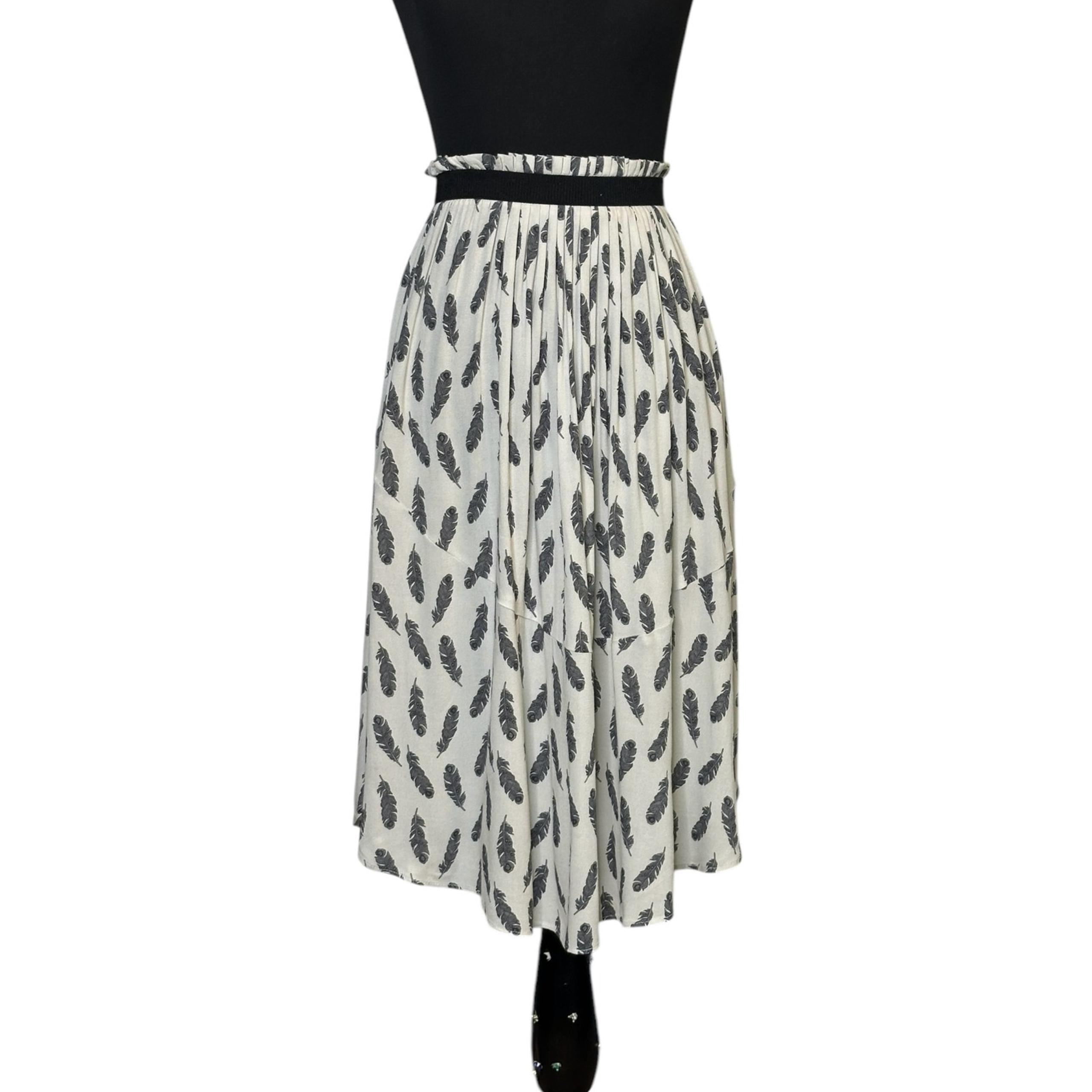 H&M cream black leaves print pleated midi skirt size 4