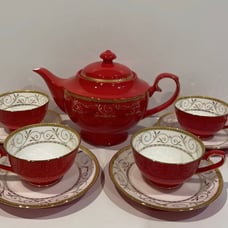 Teavana Exclusive Collection 10pc Tea Set Red & Gold Filigree Bone China