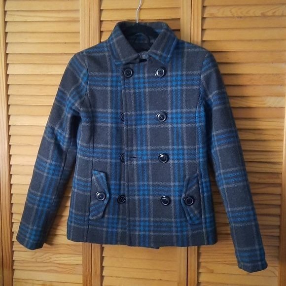 WestWind Grey and Blue Plaid Double Breasted Wool Blend Jacket Coat Size XS