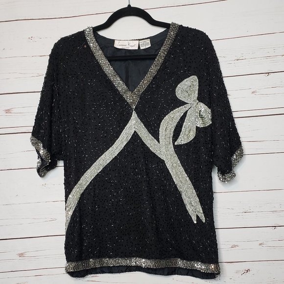 Vintage Laurence Kazar Silk Bead and Sequin Bow Top