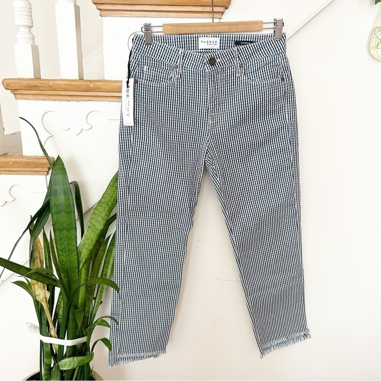 NWT Parker Smith Shark Bite Straight Leg Pants Blue White Check Cotton Blend 27