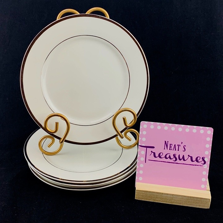 Lynn's CELEBRATION Fine China Thick Platinum Verge White Salad Plates Set Four