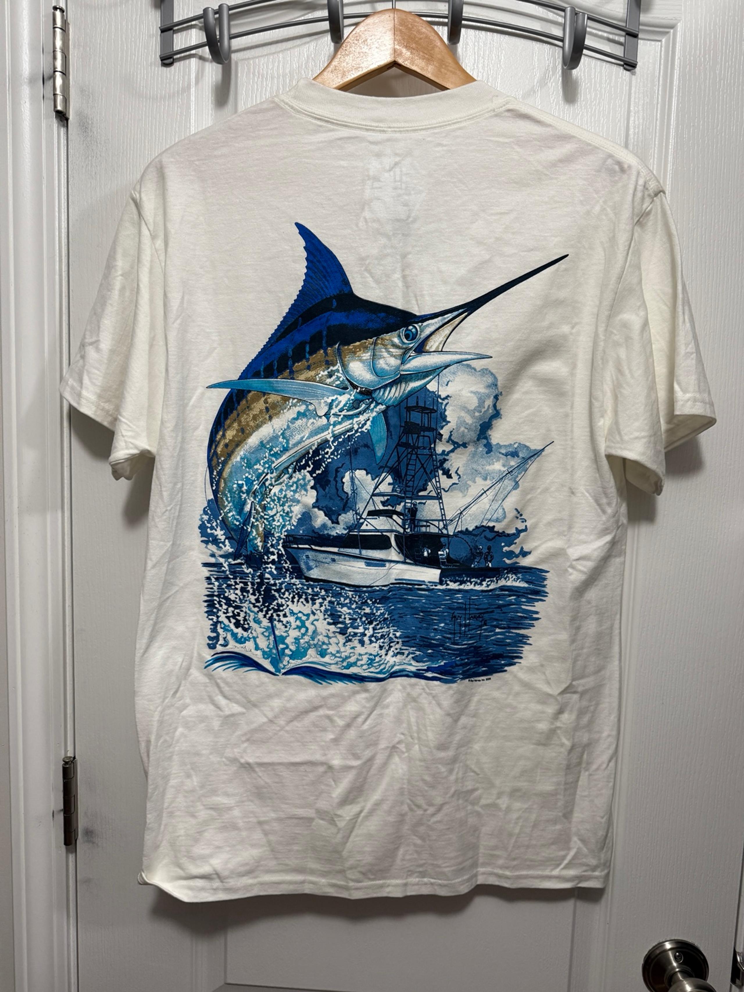 Guy Harvey Blue Water T Shirt Mens M White 2006 Y2K Marlin Deep sea Fishing Boat