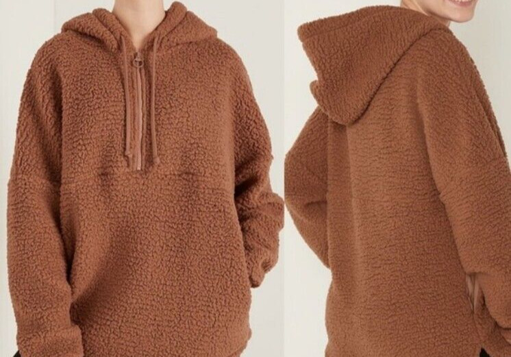 Victoria’s Secret PINK LRG Teddy Sherpa Half Zip Boyfriend Hoodie - Brown - NWT