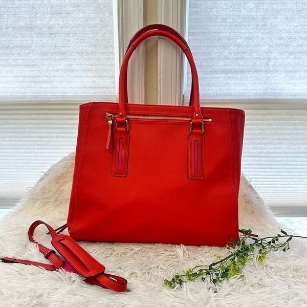 STELLA & DOT Madison Tech Red Orange Pink Expandable Tote Shoulder Bag