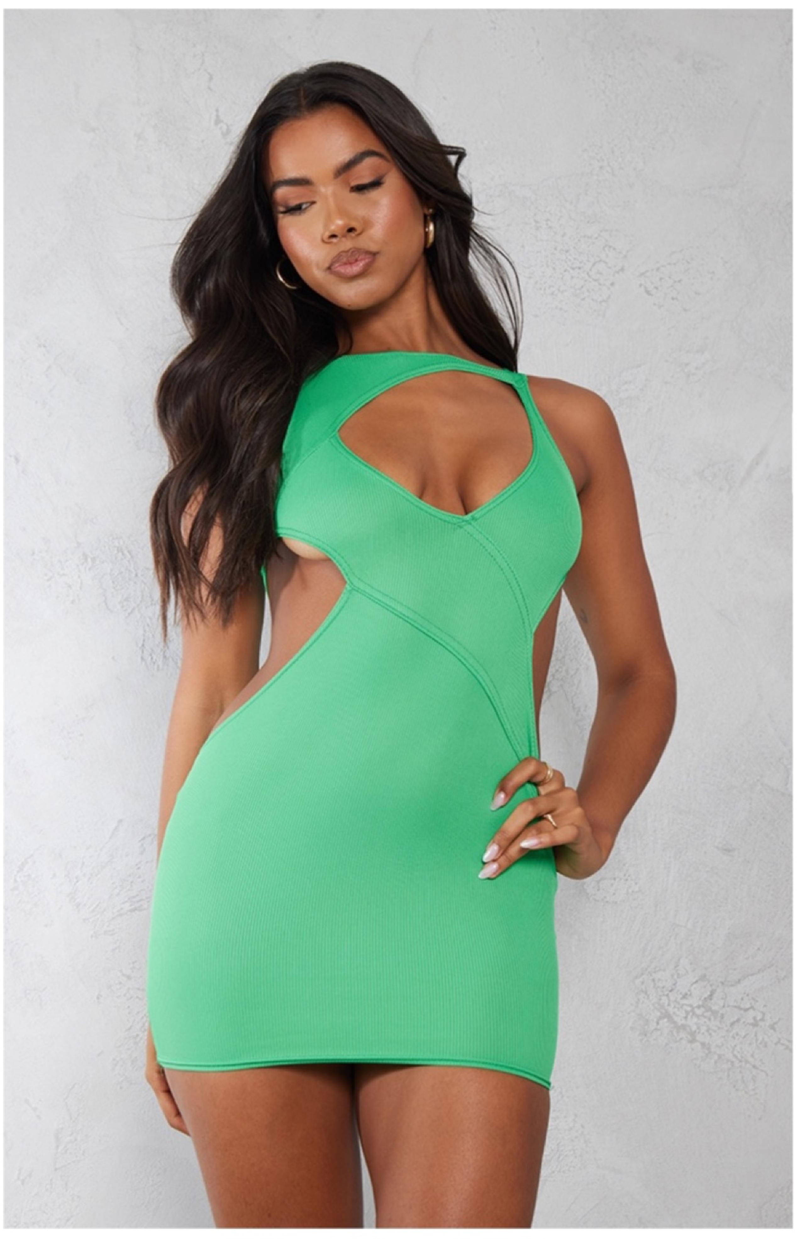 PrettyLittleThing Green Ribbed Multi Cut Out Bodycon Dress
