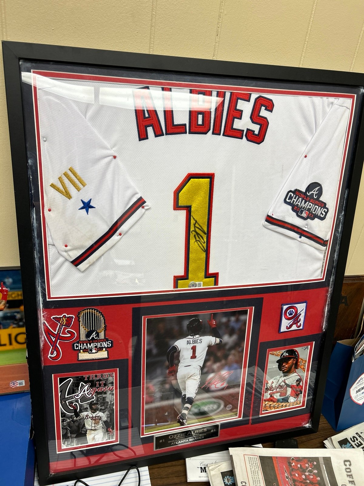 Ozzie Albies framed jersey and 8x10 both autographed