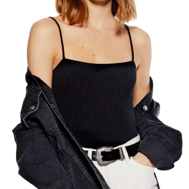 Topshop Square Neck Ribbed Bodysuit in Black, Size 12