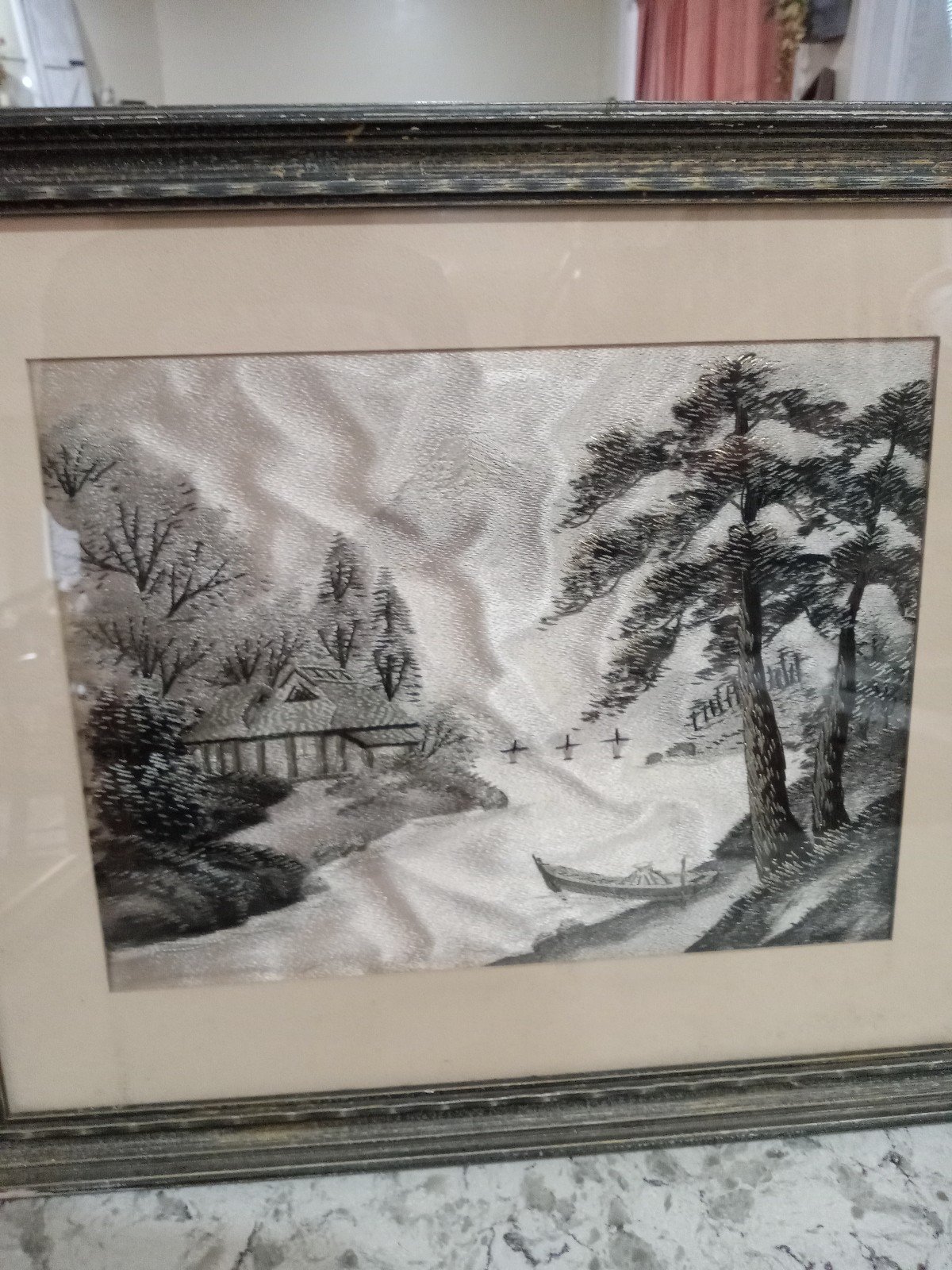 Antique Japanese embroidered silk wall hanging framed