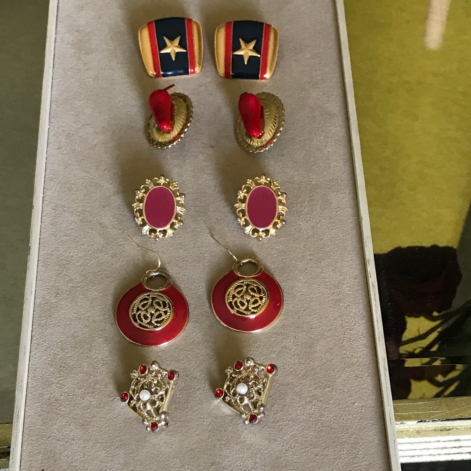 Vintage Lot Of 5 Red Gold Tone Vintage Earrings