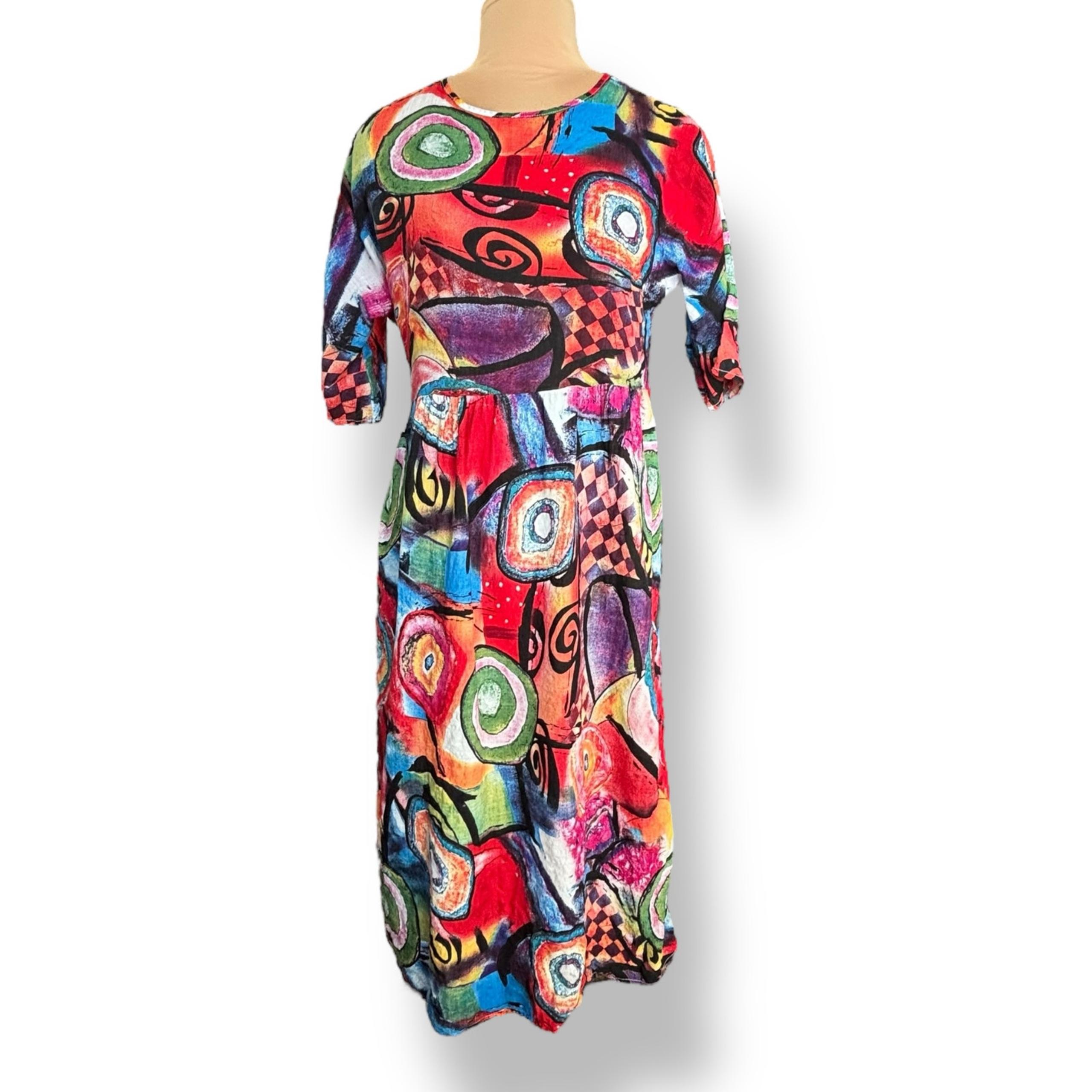 Zanzea Colorful Abstract Print Midi Dress Scoop Neck Short Sleeve Artsy Large