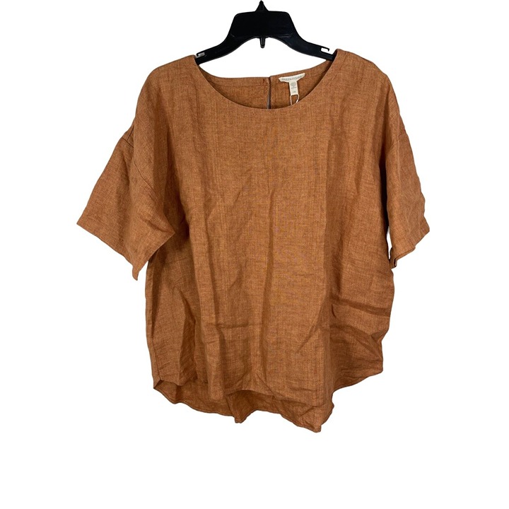 Eileen Fisher Large WASHED ORGANIC LINEN DELAVE JEWEL NECK BOX TOP CINNAMON