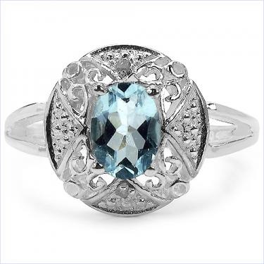 14K White Gold Over Solid Sterling Silver Diamonds and 1.0 CTW Swiss Blue Topaz