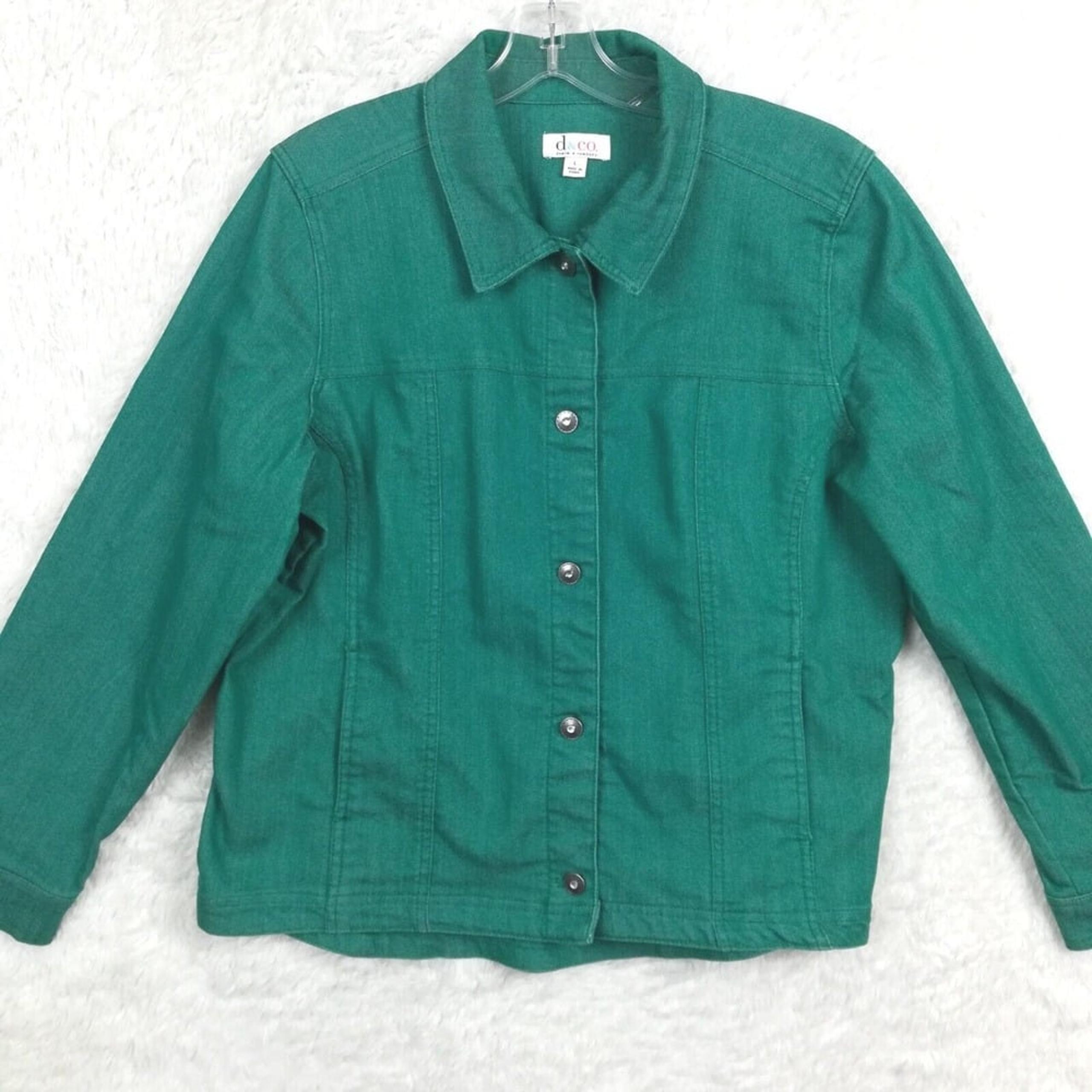 D & Co. Womens Denim Jacket Jean Green Jeweled Button Fitted Casual L