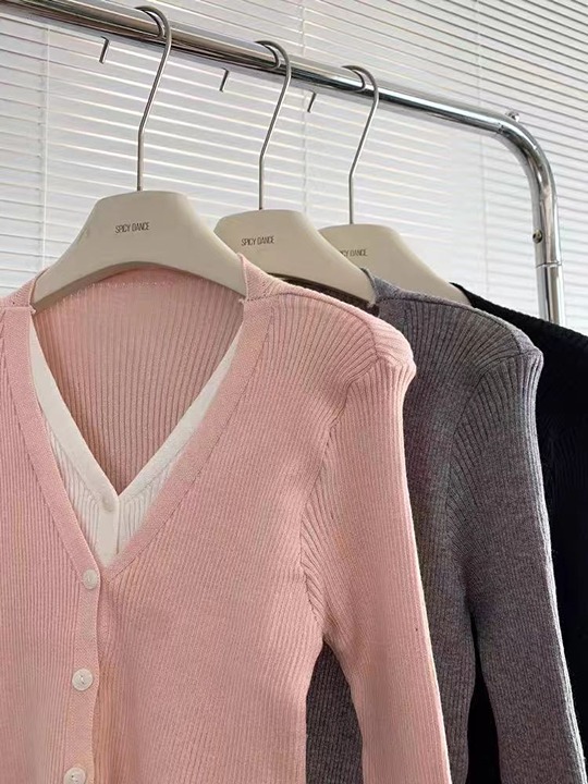 Fake two knitted cardigan coat women's autumn and winter sweater grey base shirt