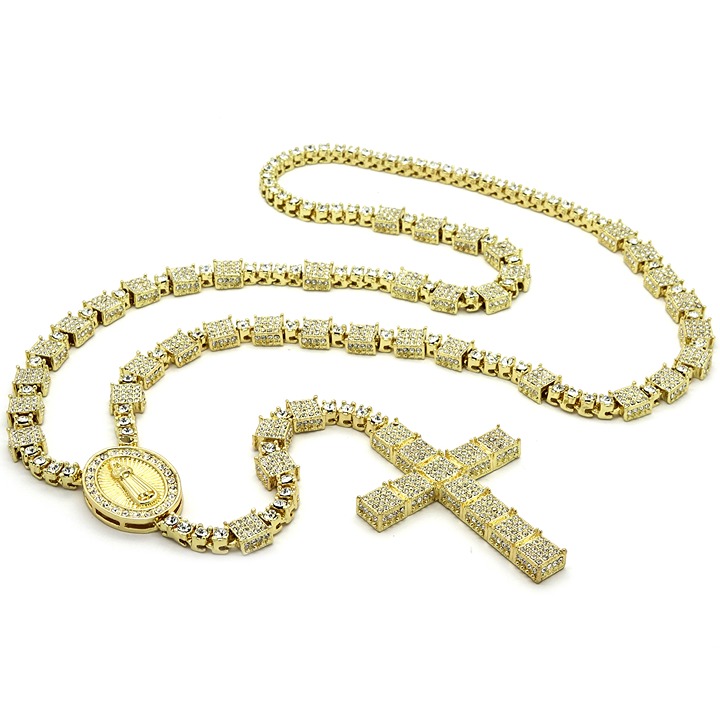 14k Gold Plated Cubic-Zirconia Rosary 3D Cube Cluster Guadalupe Necklace Cross