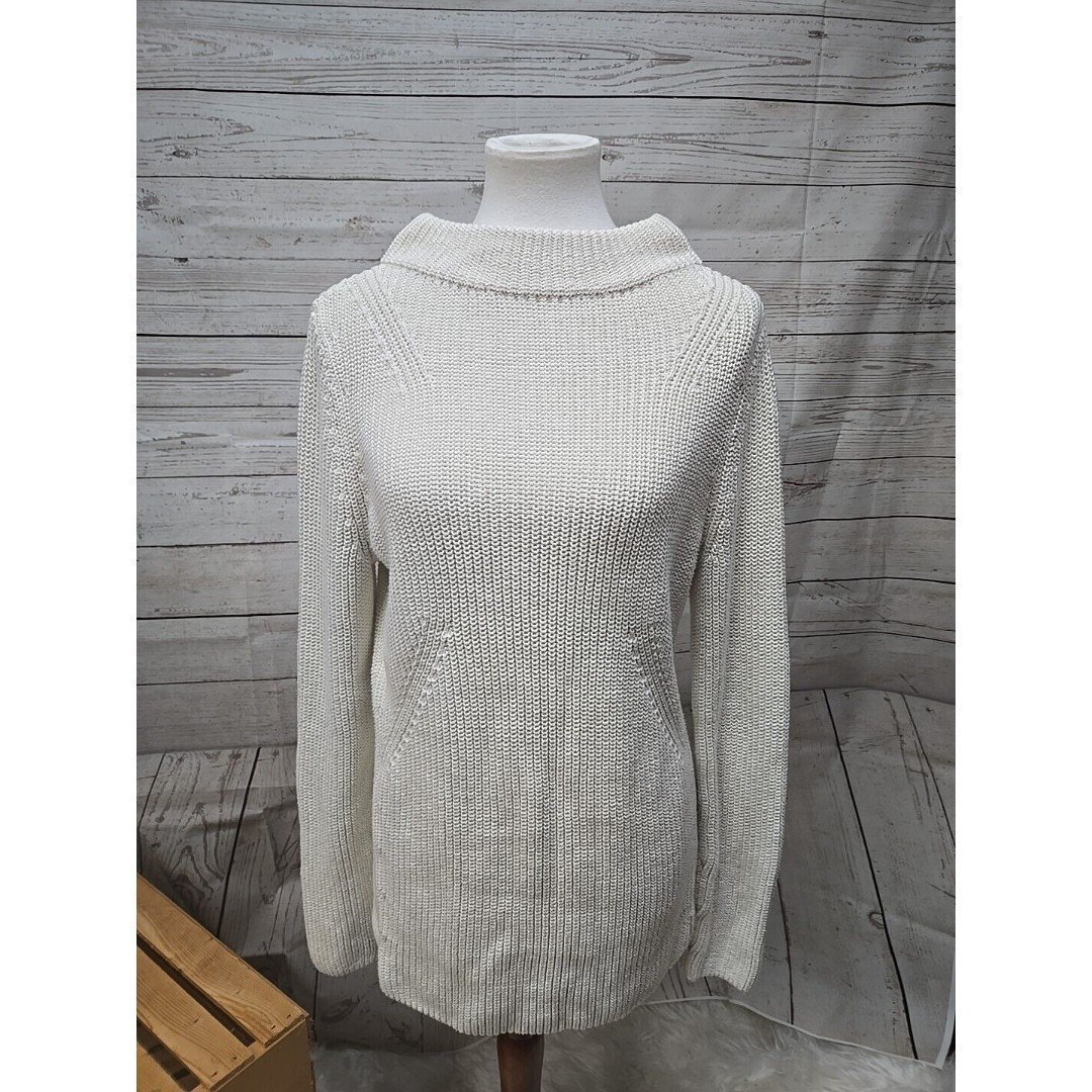 Talbots Tunic Long Sleeve Sweater Women's Size L Ivory Crocheted 100% Cotton