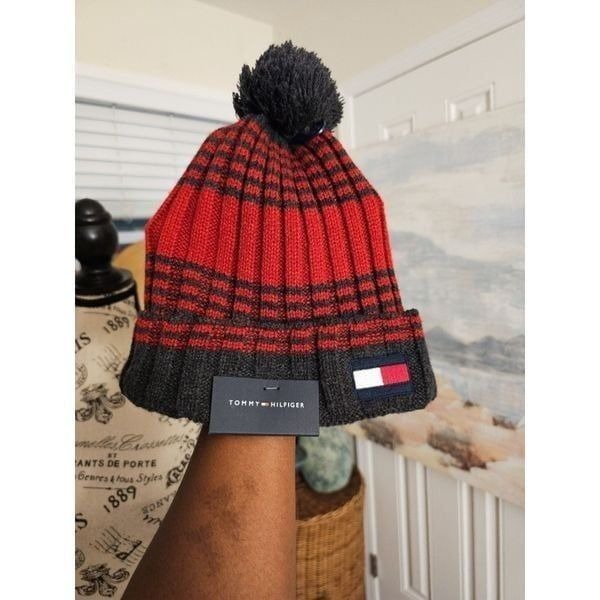 New Tommy Hilfiger Red & Grey Striped Beanie Hat