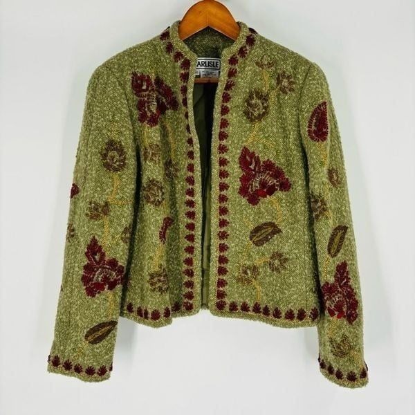 Carlisle Open Front Cardigan Olive Green Womens Sz 10 Embroidered Floral Alpaca