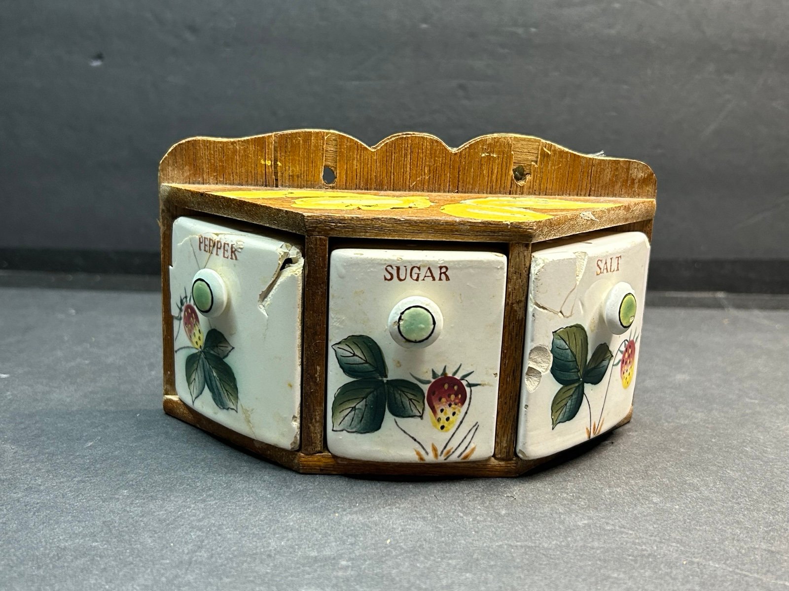 Antique Wooden Shelf Salt, Pepper And Sugar Shaker Ceramic Rare