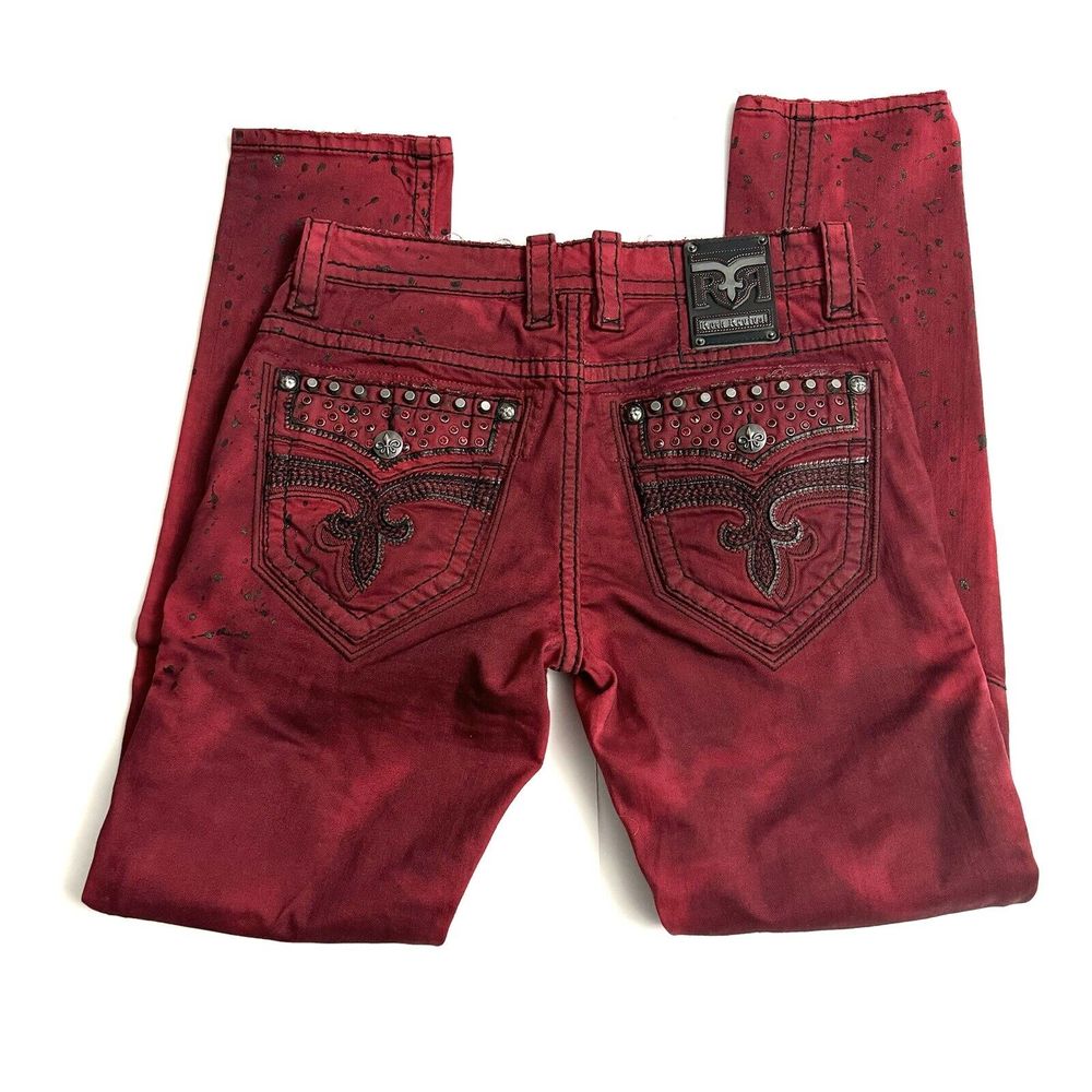 ROCK REVIVAL Barrett Biker Pants 32 ×32 EMBROIDERED RHINESTONE STUDS RED New