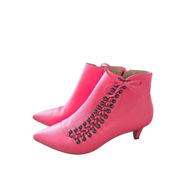 Kurt Geiger London Rita Lace-Up Kitten Heel Leather Boots Size 7.5US Pink