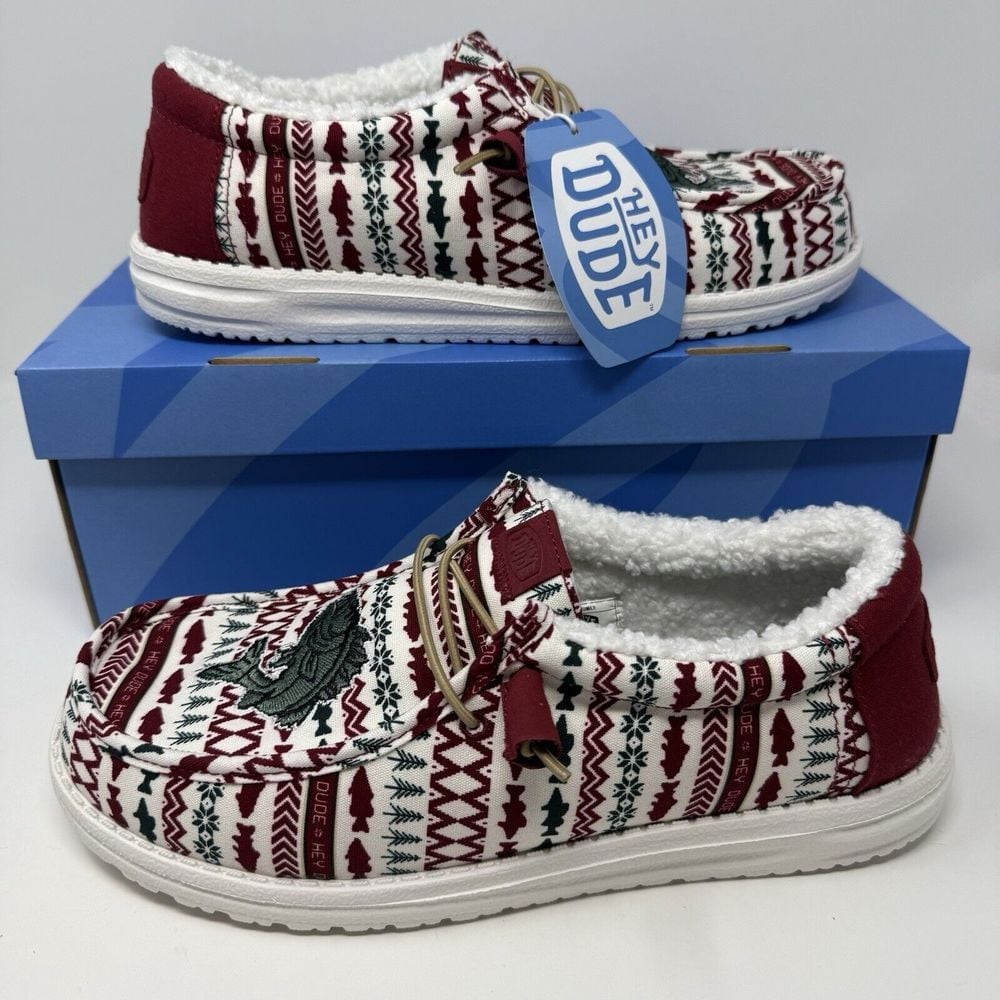 Hey Dude Wally Mens 12 Merry Fishmas Sweater Lined Slip On Christmas Loafer Shoe