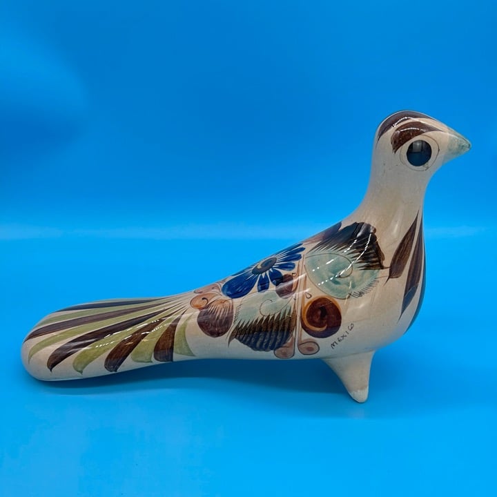 Vintage Tonala Mexican 12” Pottery Folk Art Bird Dove Figurine Statuette Floral