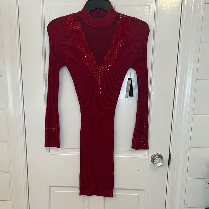 Guess Red Beaded Ling Sleeve Sweater Dress size L NWT