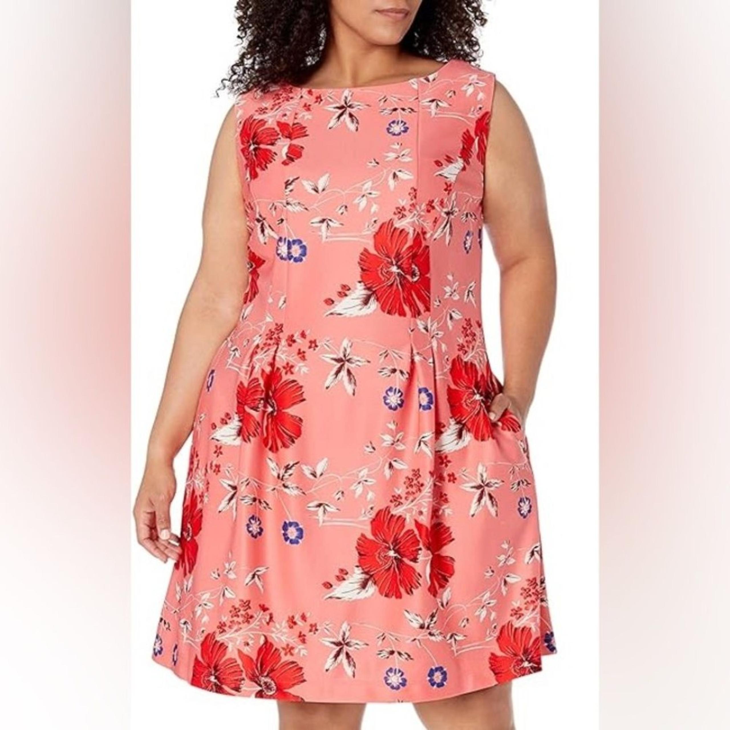 NWOT Roz & Ali Coral Floral Sleeveless Pockets Knee Length Dress Women's size 16