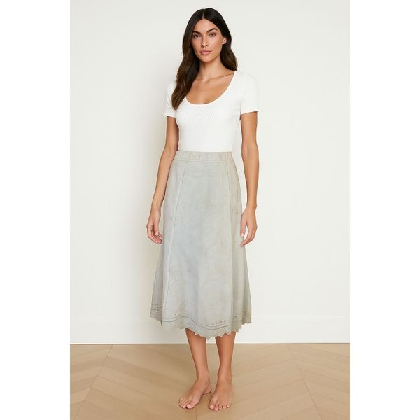 Burning Torch Floral Embroidered Denim Skirt Blue Size S