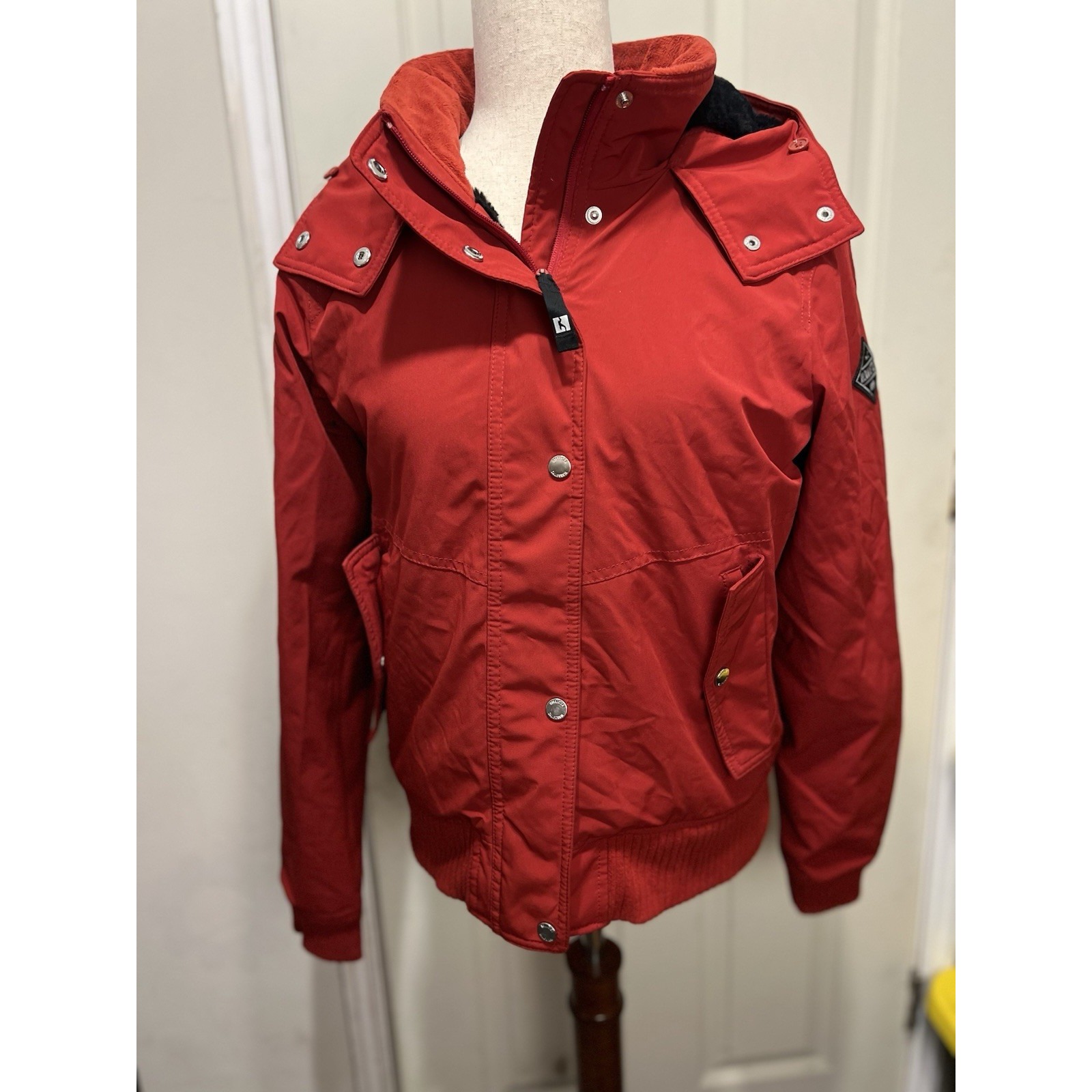 Hollister Women's Jacket Medium Red Hooded Lined With Very Soft Faux Fur