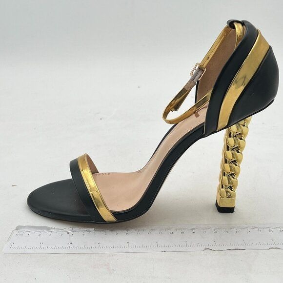 FSJ Women Flower Gold Metal Chain Chunky High Heels Ankle Strap Sandals Open Toe