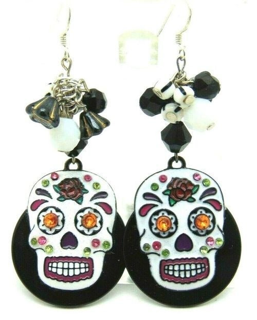 Sugar Skull Earrings Day Dead Muertos Sterling Onyx Flower Beads BeadRage