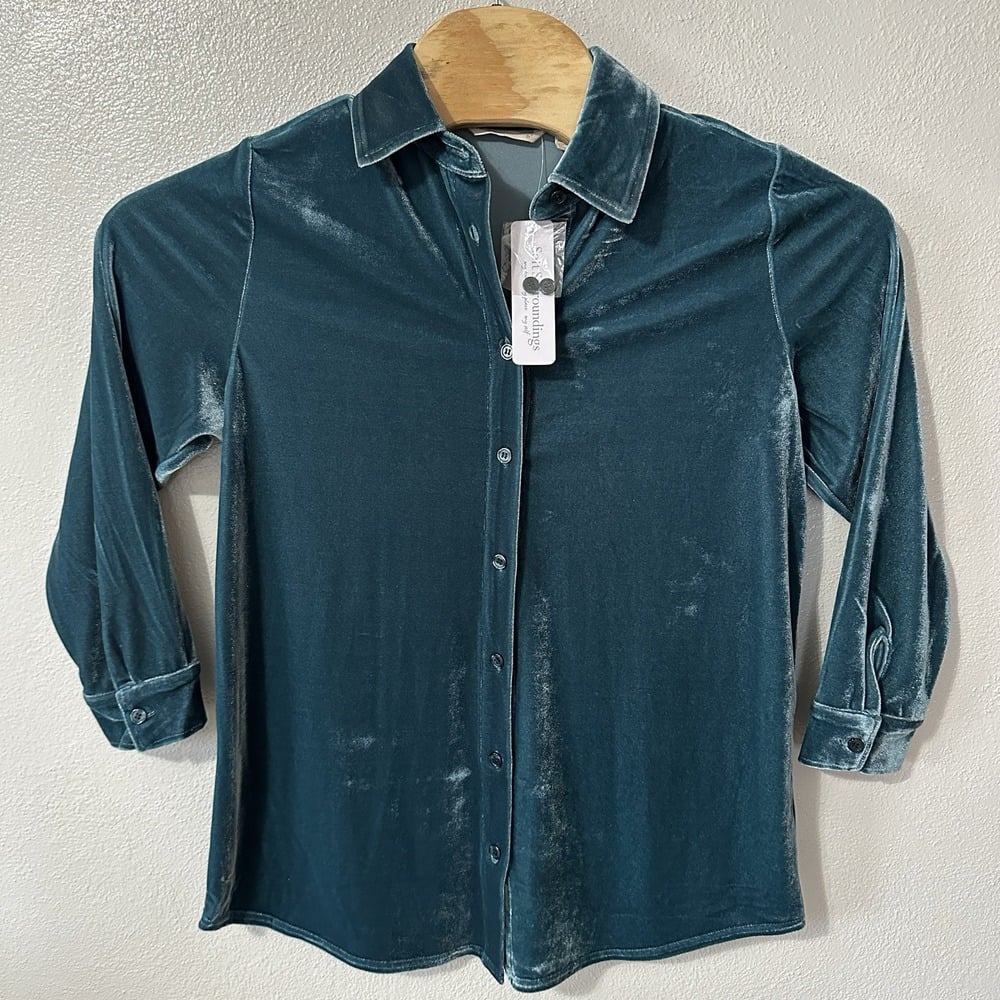 Soft Surroundings Teal Blue Velvet Boyfriend Tunic Button Up Shirt Size PM NWT