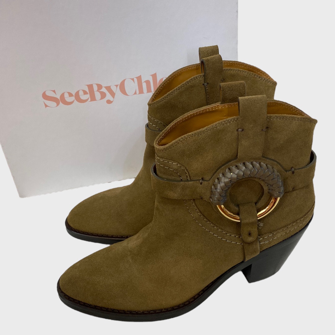 See by Chloe Military Green Suede Hana Booties NEW Size 40