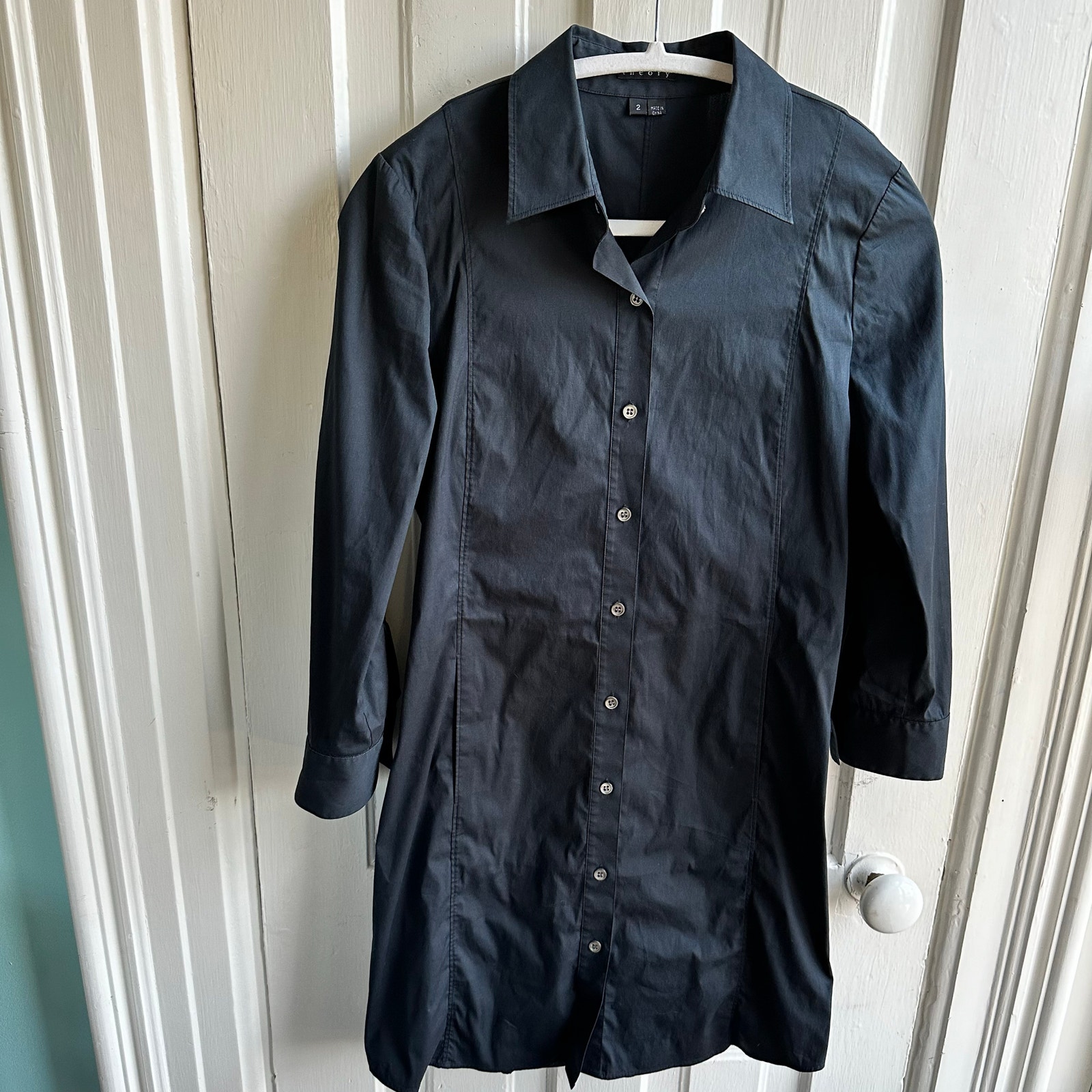 Theory Shirt Lannie Dress Black Cotton Stretch Roll Tab Long Sleeve