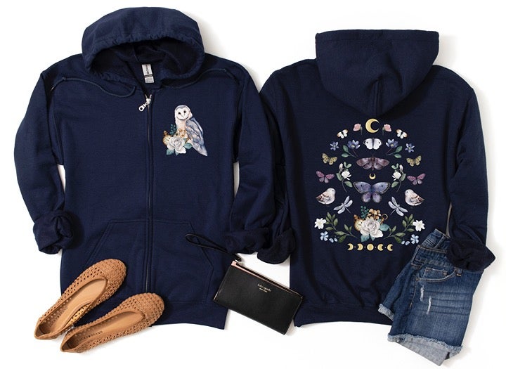 Cottagecore Floral Full Zip Up Hoodie with Snowy Owl Butterflies Bird Moon phase