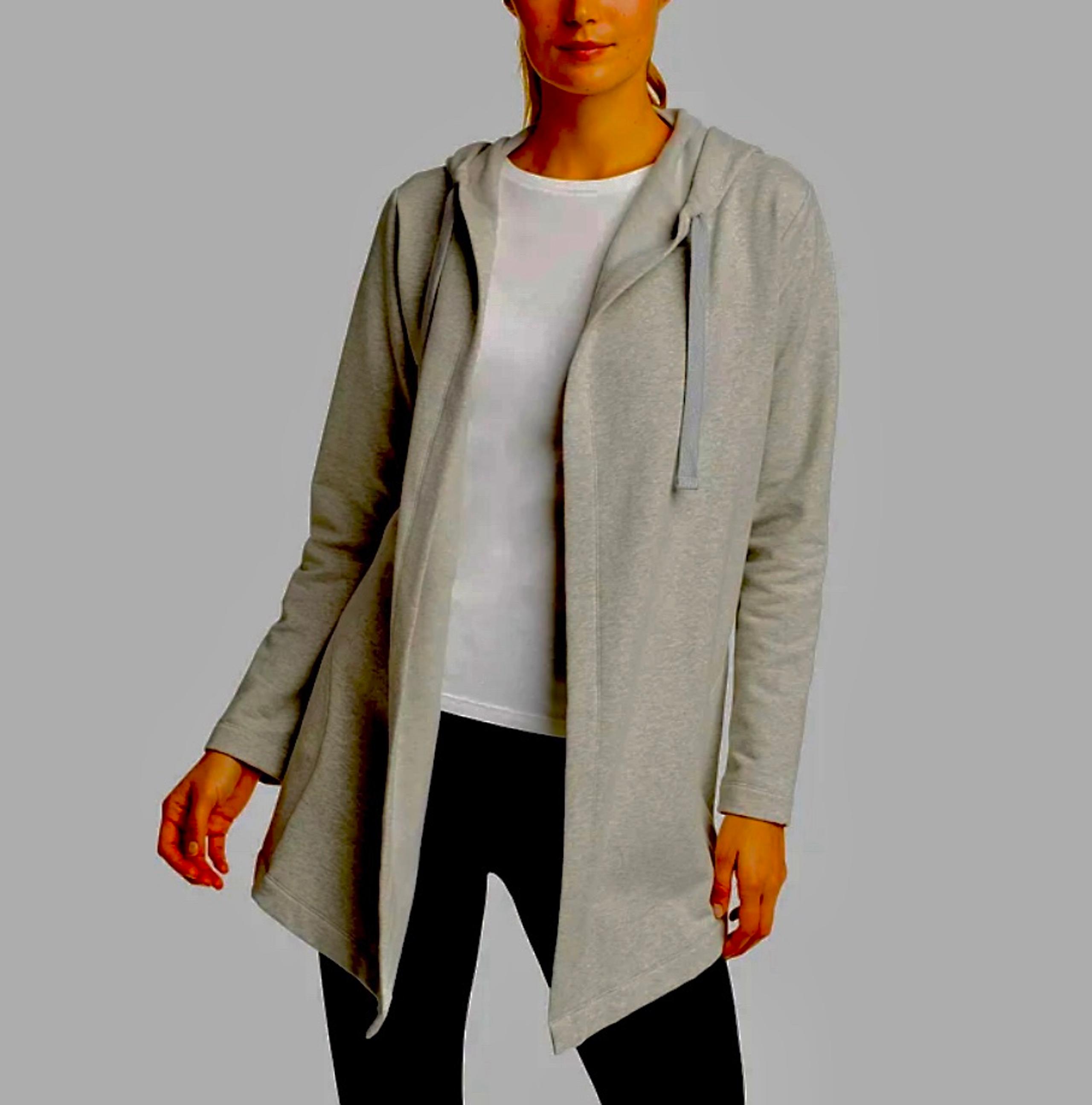 Eddie Bauer womens soft grey camp fleece hooded long sweater wrap size XS small