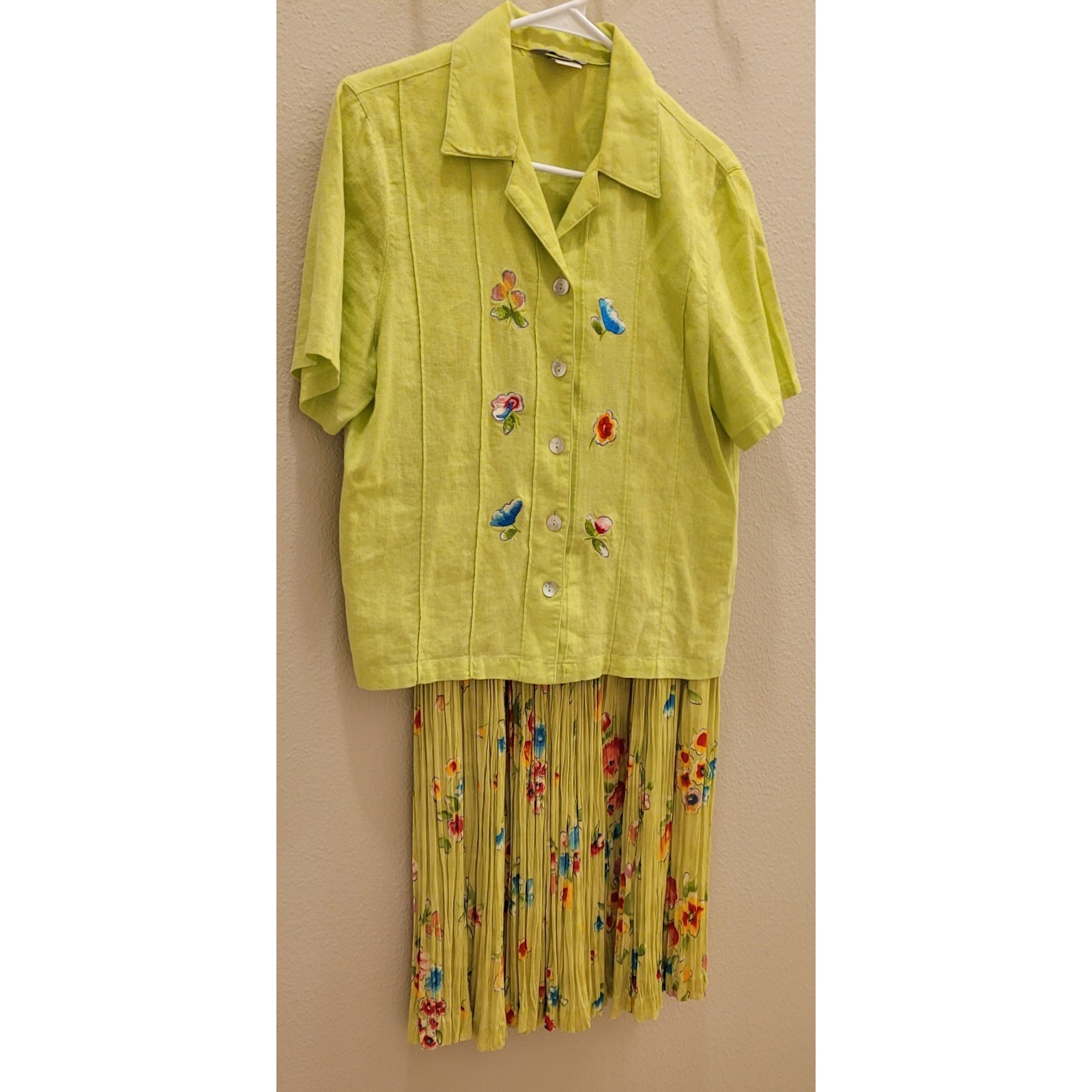 2 Piece stonebridge, button up flower embroidered shirt and Pleated skirt.linen