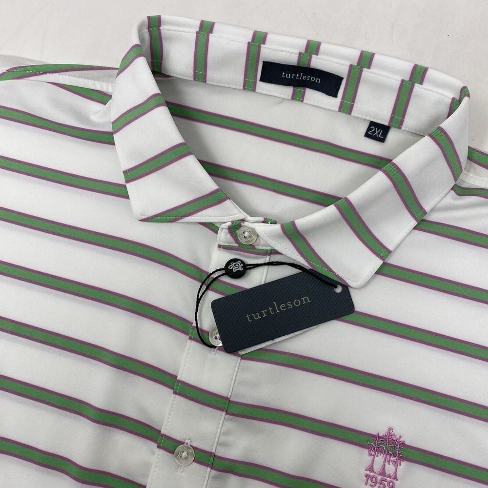 Turtleson Men's 2XL White Green Pink Stripe Stretch Short Sleeve Golf Polo NEW