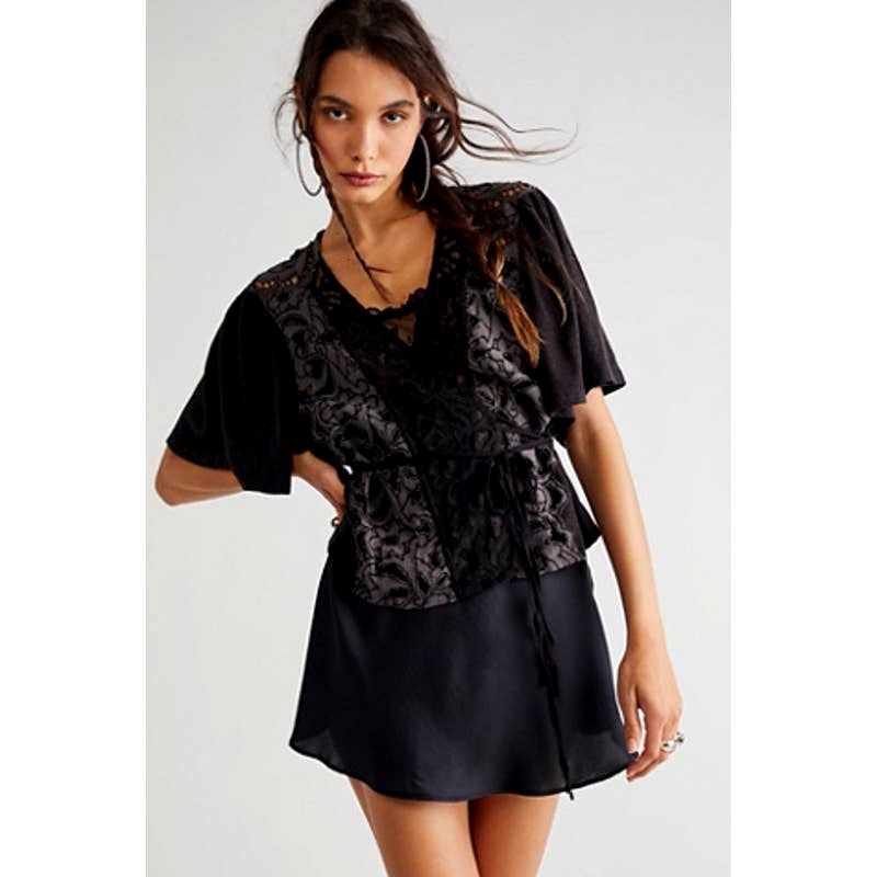 NWT Free People Black Lace Tie Blossom Top - Large