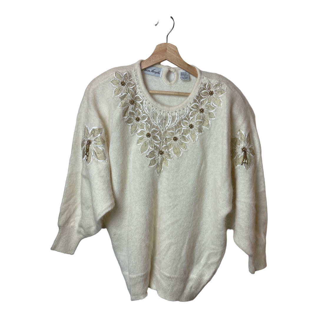 Vtg San Angelo White Floral Applique and Beading Dolman Sleeves Sweater Women' M