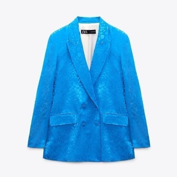 ZARA Women Double Breasted Blue Leopard Jacquard Blazer Long Sleeve Size Small